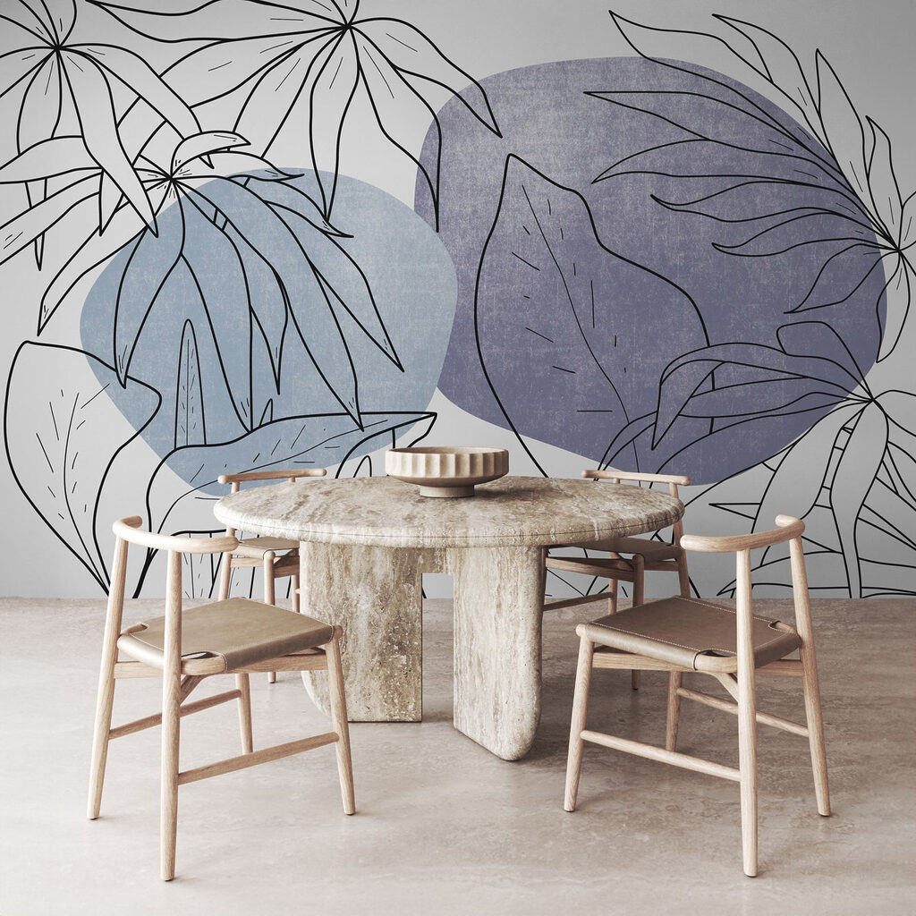 Drawing of leaves and a blue circle