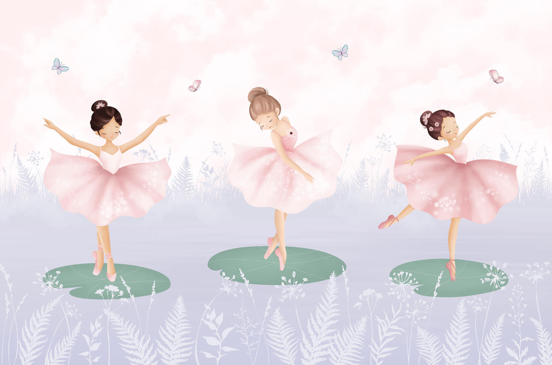Group of girls in tutu skirts dancing on lily pads Group of girls in tutu skirts dancing on lily pads