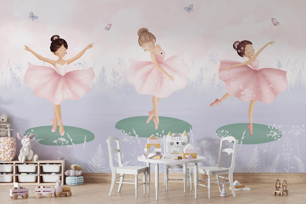 Group of girls in tutu skirts dancing on lily pads Group of girls in tutu skirts dancing on lily pads