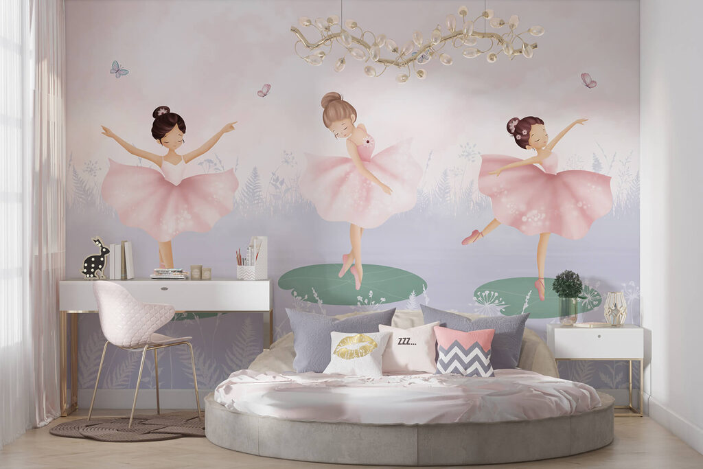 Group of girls in tutu skirts dancing on lily pads Group of girls in tutu skirts dancing on lily pads