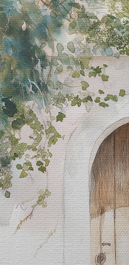 Painting of a door and a tree on a wall