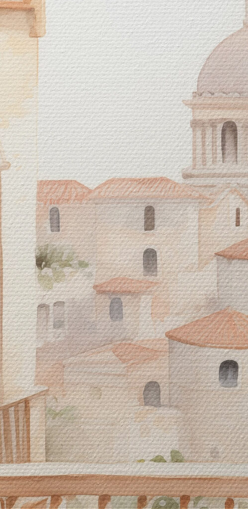 Watercolor painting of a balcony with a view of a city