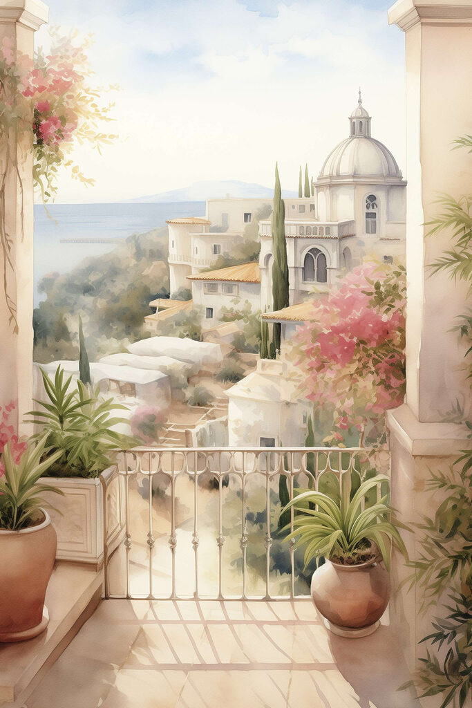 Watercolor painting of a balcony with a view of a town Watercolor painting of a balcony with a view of a town