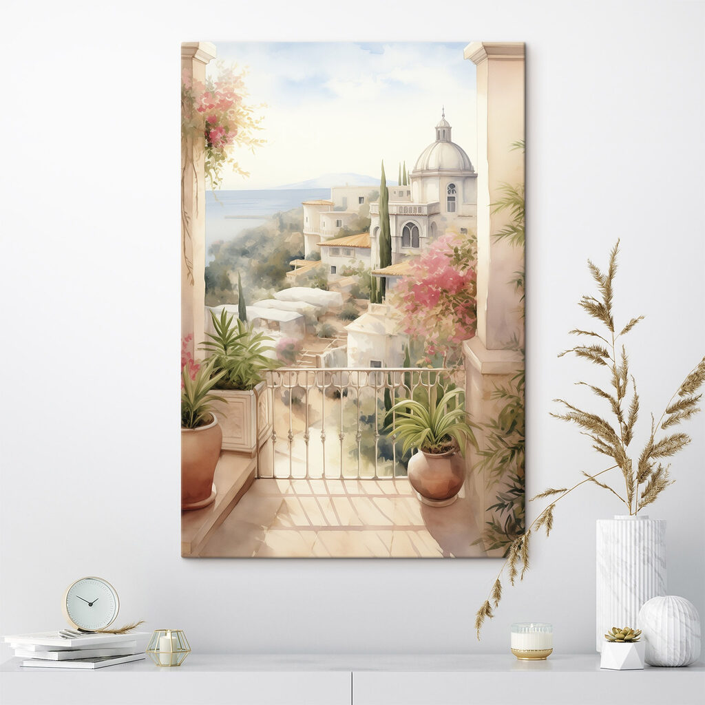 Watercolor painting of a balcony with a view of a town Watercolor painting of a balcony with a view of a town