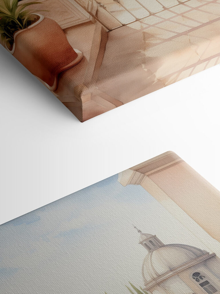 Watercolor painting of a balcony with a view of a town Watercolor painting of a balcony with a view of a town