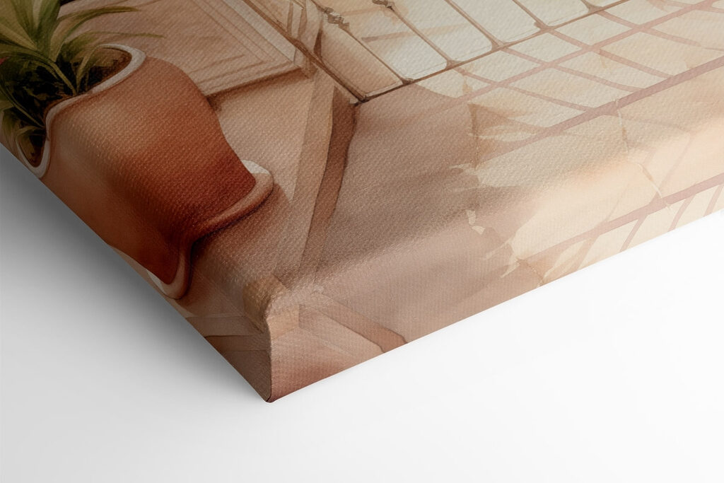 Watercolor painting of a balcony with a view of a town Watercolor painting of a balcony with a view of a town