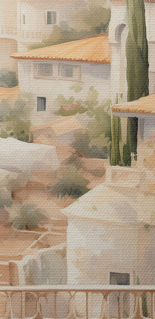 Watercolor painting of a balcony with a view of a town Watercolor painting of a balcony with a view of a town