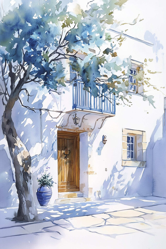 Watercolor of a building with a tree and a balcony Watercolor of a building with a tree and a balcony
