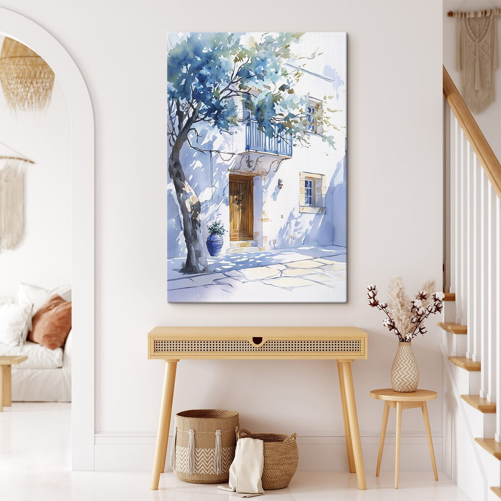 Watercolor of a building with a tree and a balcony Watercolor of a building with a tree and a balcony