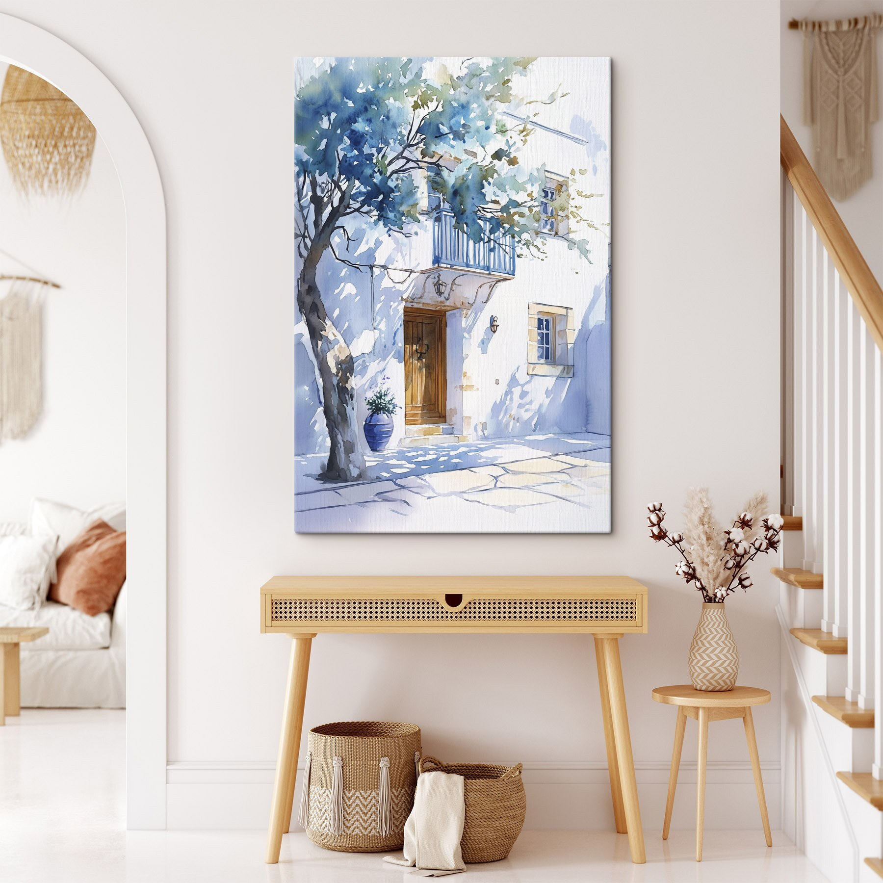 Watercolor of a building with a tree and a balcony Watercolor of a building with a tree and a balcony