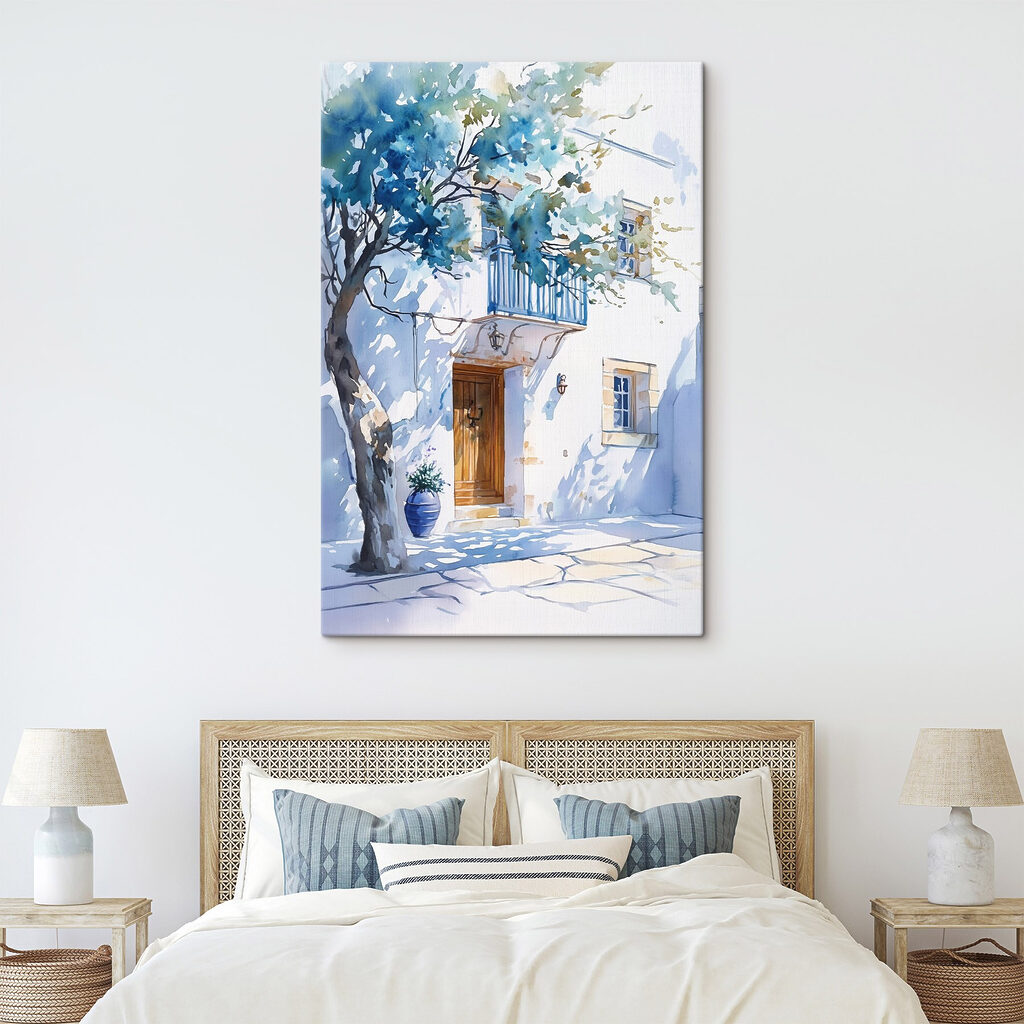Watercolor of a building with a tree and a balcony Watercolor of a building with a tree and a balcony