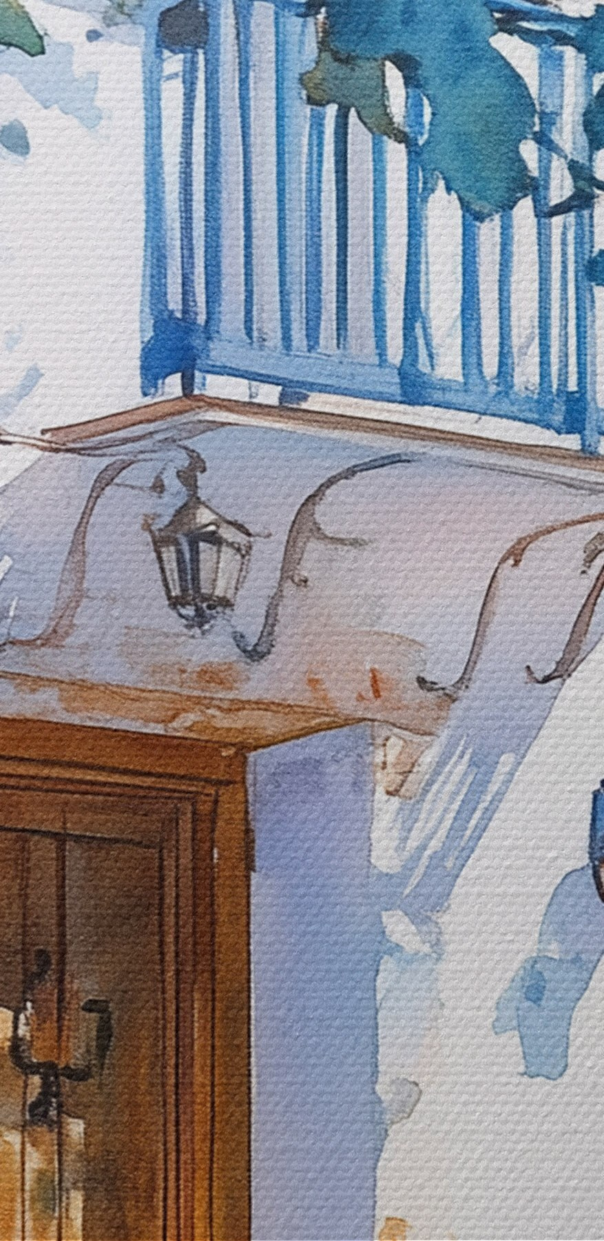 Akvarel budovy so stromom a balkónom
