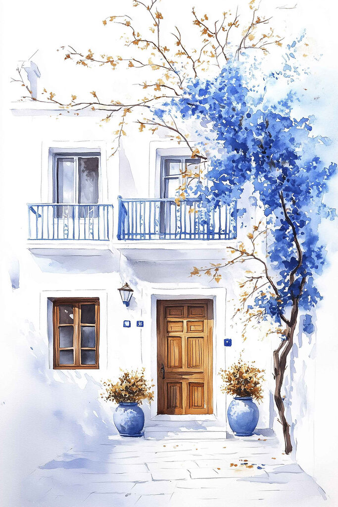 Watercolor painting of a building with a balcony and blue flowers Watercolor painting of a building with a balcony and blue flowers