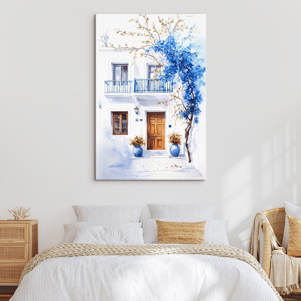Watercolor painting of a building with a balcony and blue flowers Watercolor painting of a building with a balcony and blue flowers
