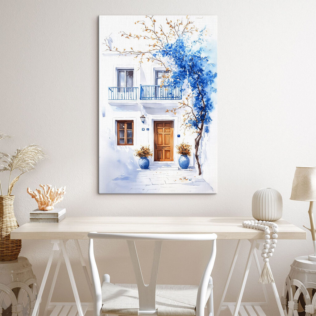 Watercolor painting of a building with a balcony and blue flowers Watercolor painting of a building with a balcony and blue flowers