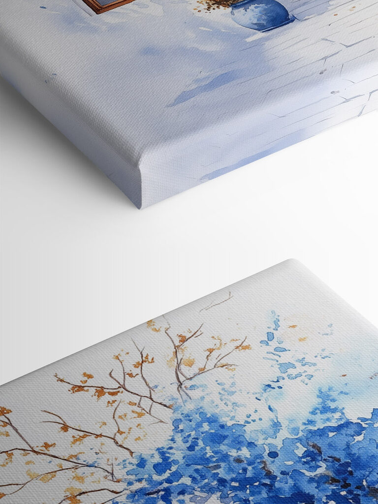 Watercolor painting of a building with a balcony and blue flowers Watercolor painting of a building with a balcony and blue flowers