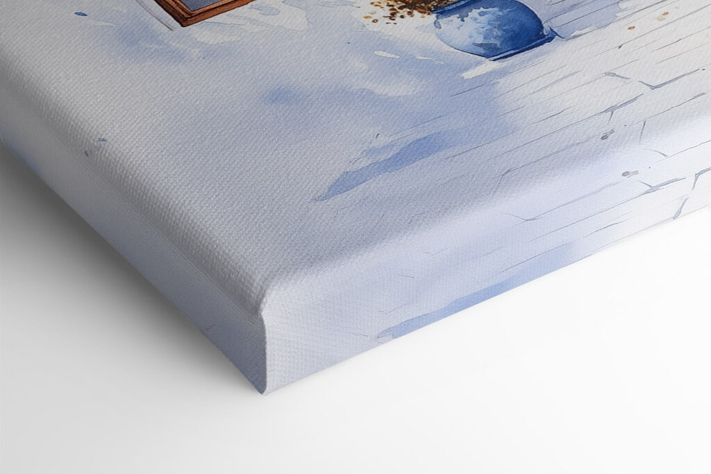 Watercolor painting of a building with a balcony and blue flowers Watercolor painting of a building with a balcony and blue flowers