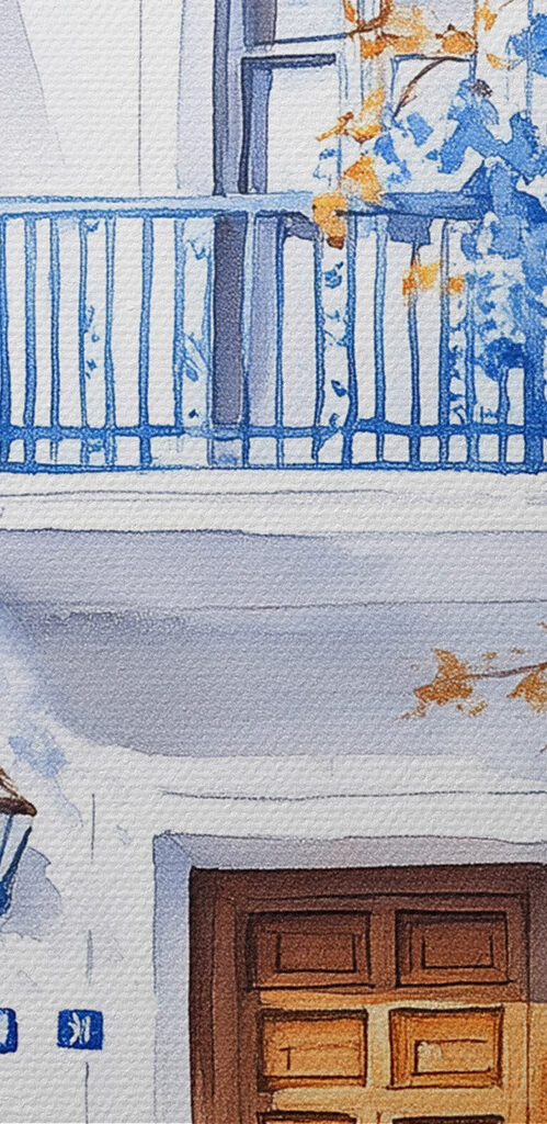 Watercolor painting of a building with a balcony and blue flowers Watercolor painting of a building with a balcony and blue flowers