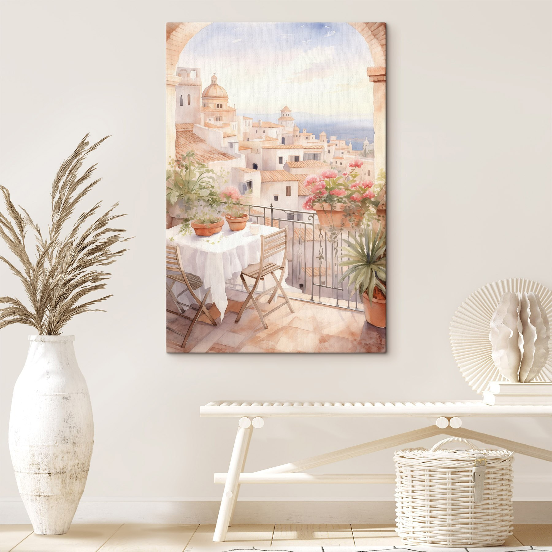 Watercolor painting of a table and chairs on a balcony overlooking a city