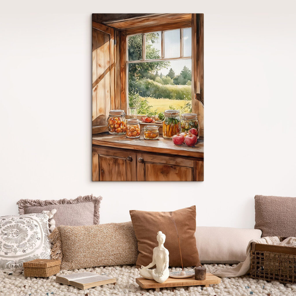 Watercolor of jars of food on a window sill Watercolor of jars of food on a window sill