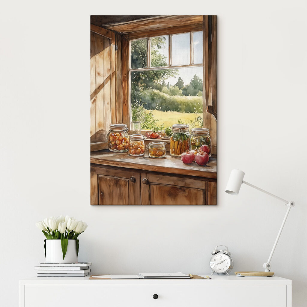 Watercolor of jars of food on a window sill Watercolor of jars of food on a window sill