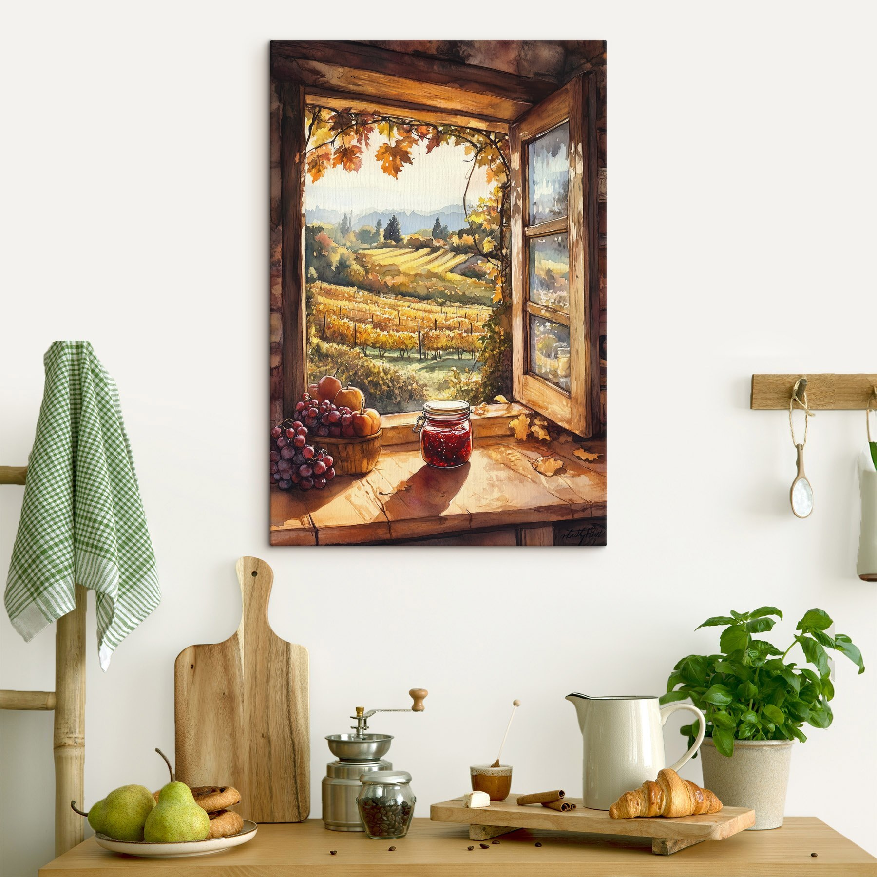 Window with a view of a vineyard and a jar of jam