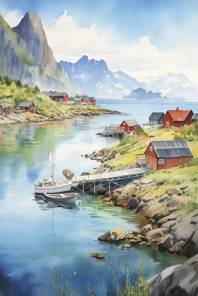 Watercolor of a river with a boat and houses on it Watercolor of a river with a boat and houses on it