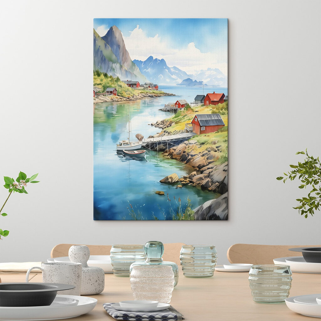 Watercolor of a river with a boat and houses on it Watercolor of a river with a boat and houses on it