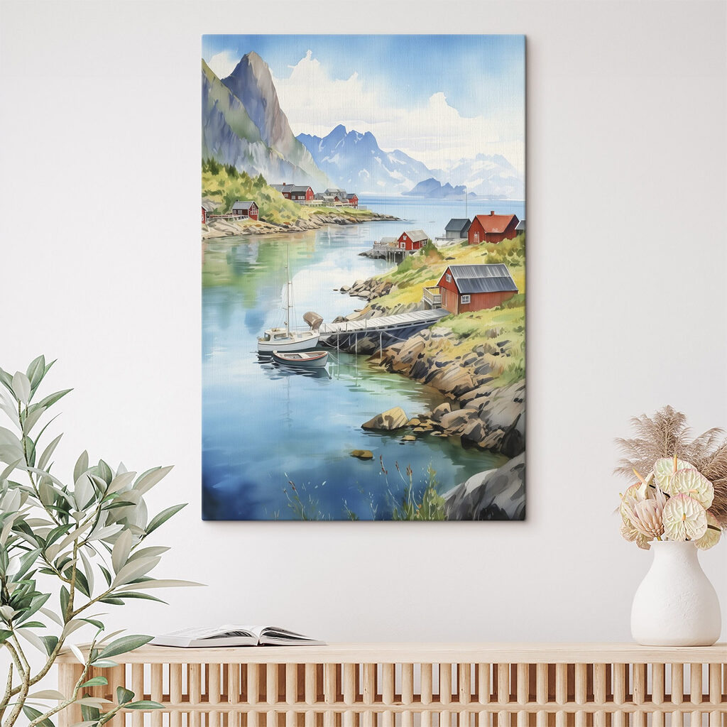 Watercolor of a river with a boat and houses on it Watercolor of a river with a boat and houses on it