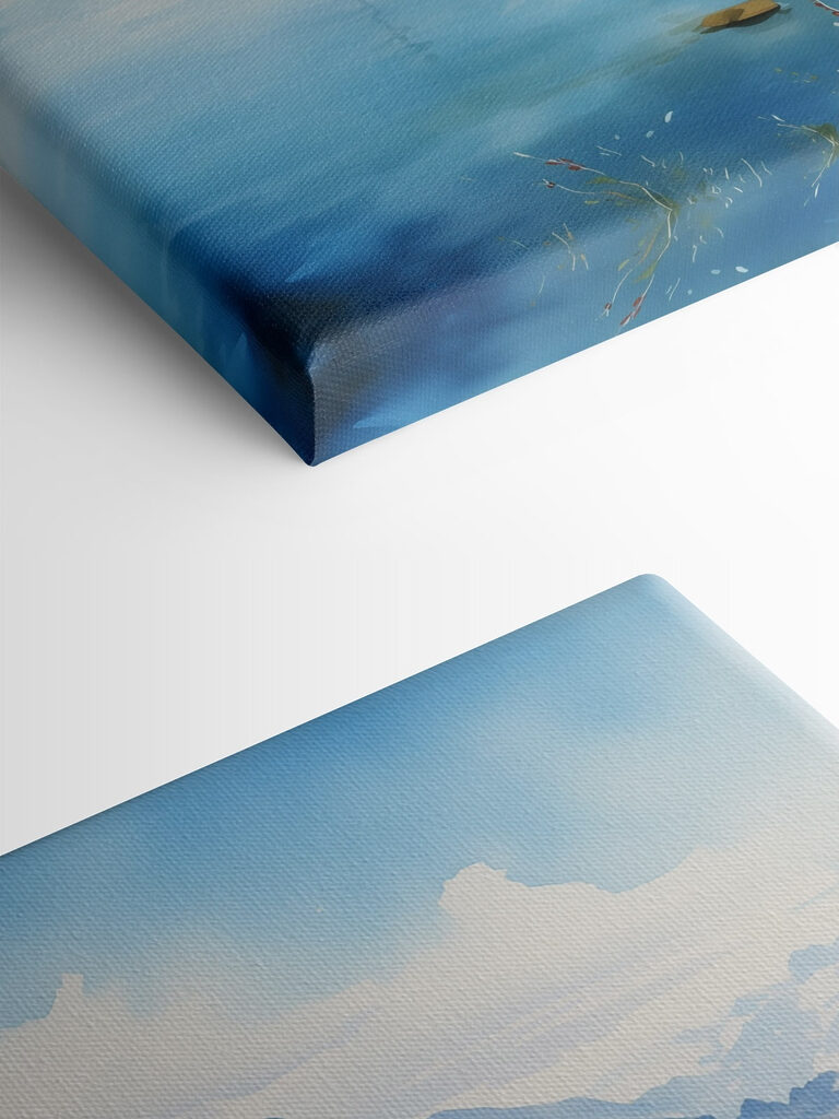 Watercolor of a river with a boat and houses on it Watercolor of a river with a boat and houses on it