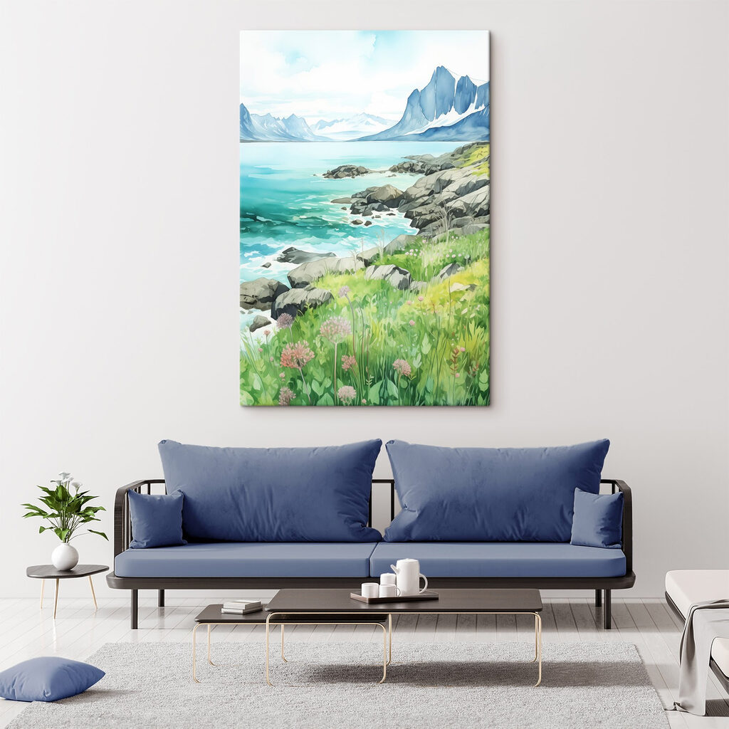 Watercolor painting of a rocky shore with mountains and a blue sky Watercolor painting of a rocky shore with mountains and a blue sky