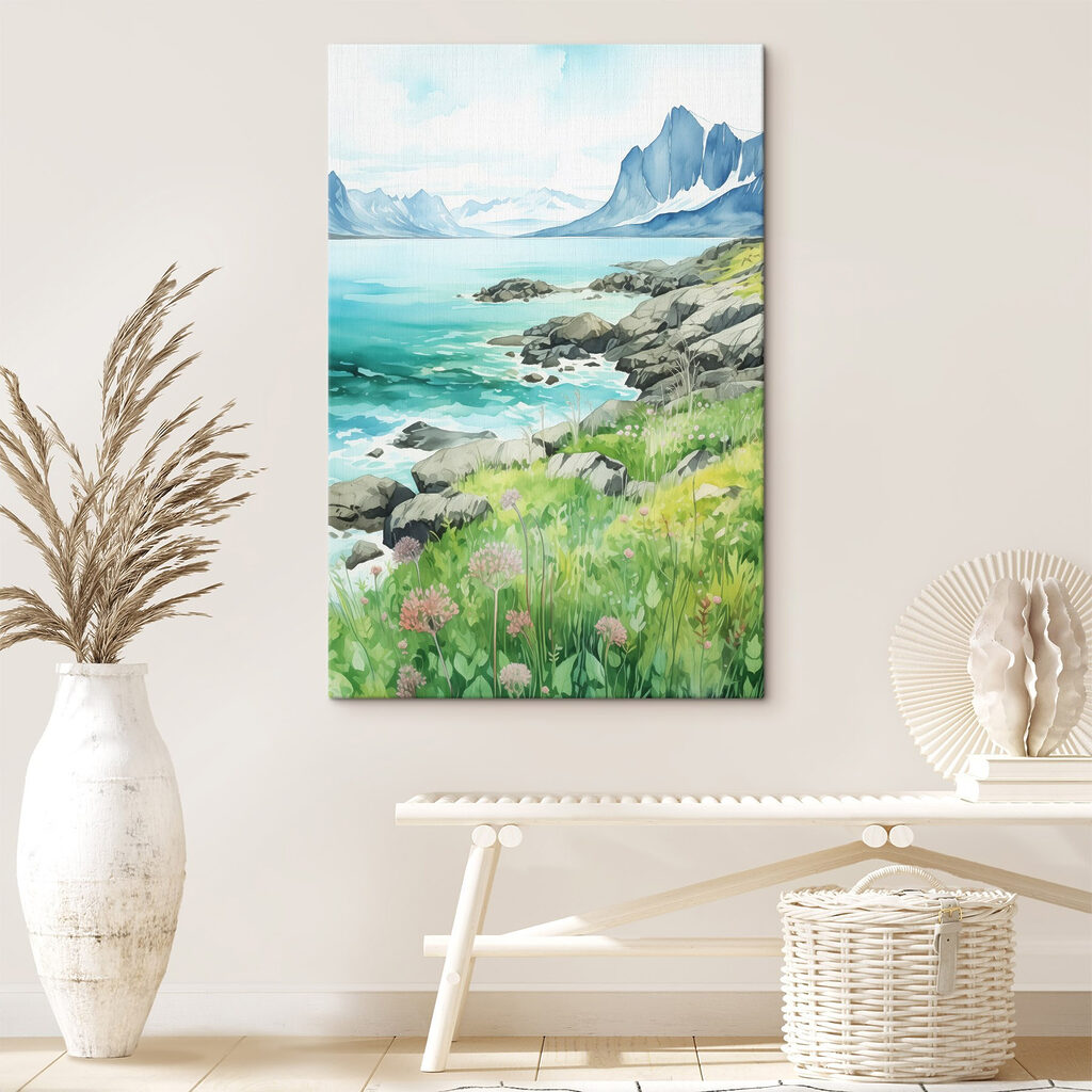 Watercolor painting of a rocky shore with mountains and a blue sky Watercolor painting of a rocky shore with mountains and a blue sky