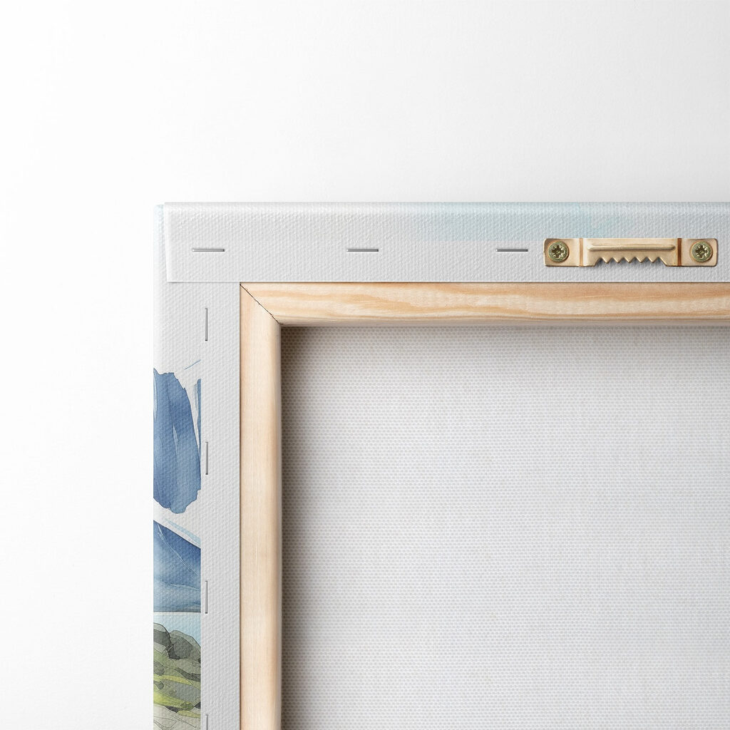 Watercolor painting of a rocky shore with mountains and a blue sky Watercolor painting of a rocky shore with mountains and a blue sky