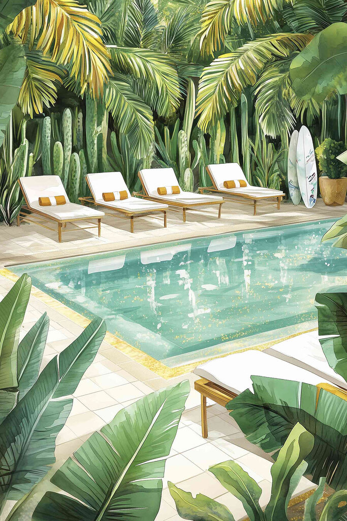 Pool with lounge chairs and surfboards