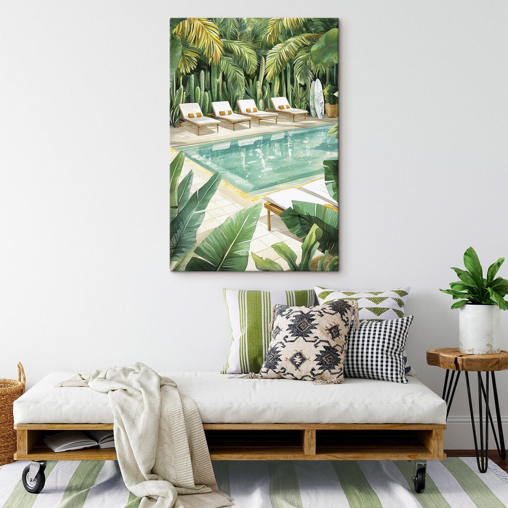 Pool with lounge chairs and surfboards
