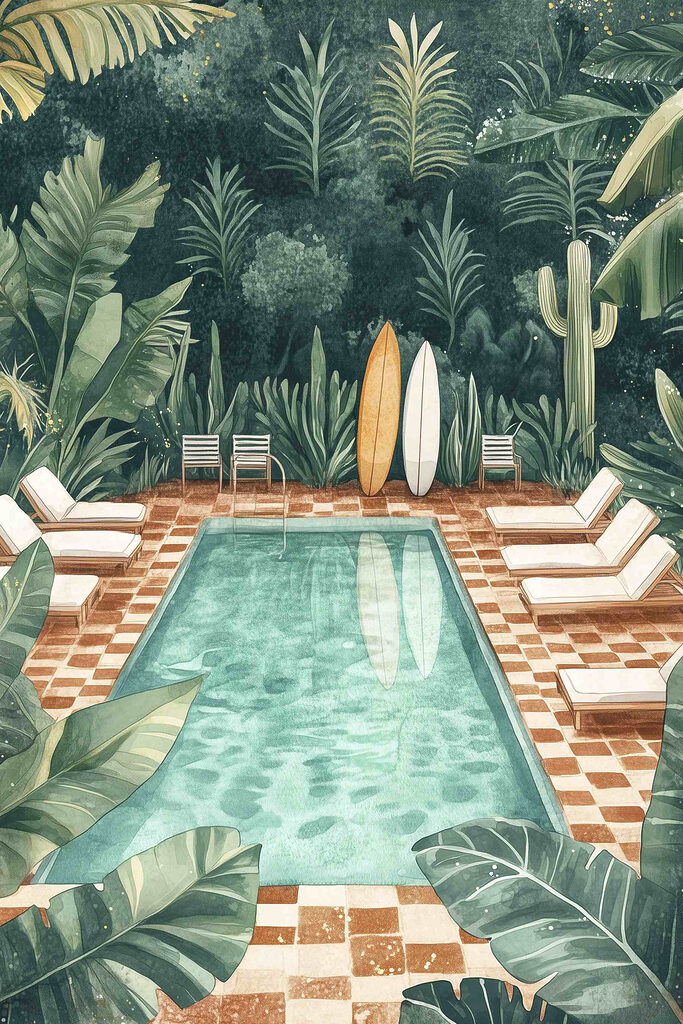 Pool with chairs and surfboards in the middle