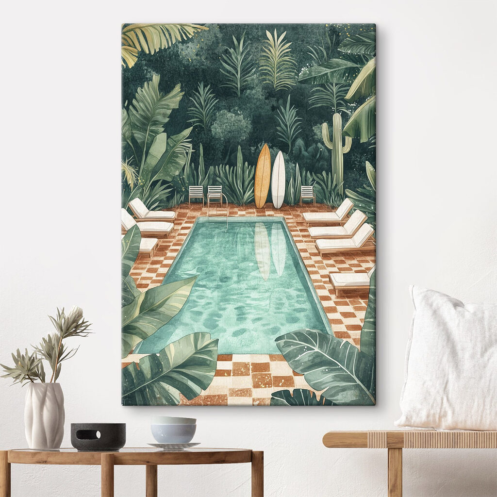 Pool with chairs and surfboards in the middle