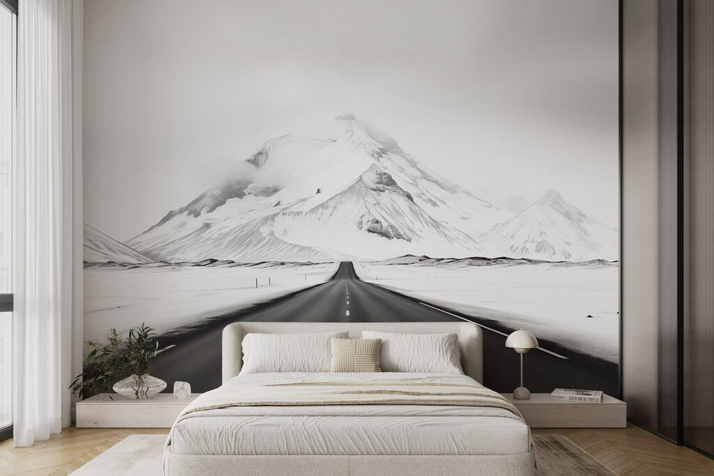 Road leading to a snowy mountain