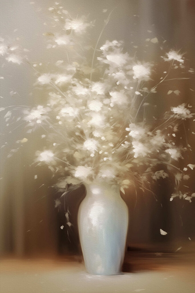 White vase with white flowers