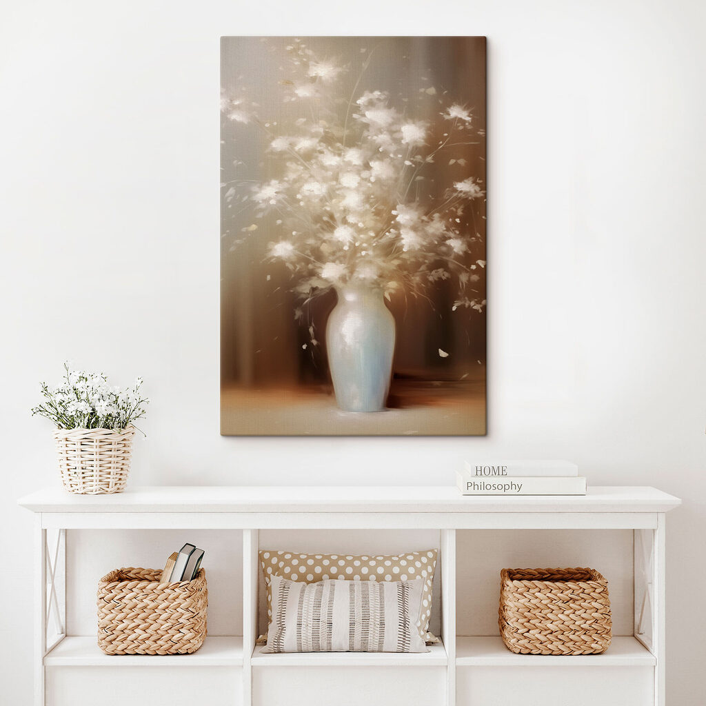 White vase with white flowers