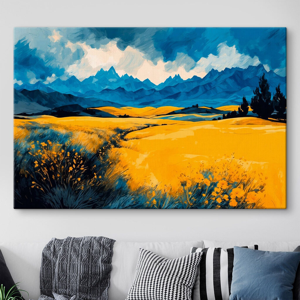 Yellow field with mountains in the background