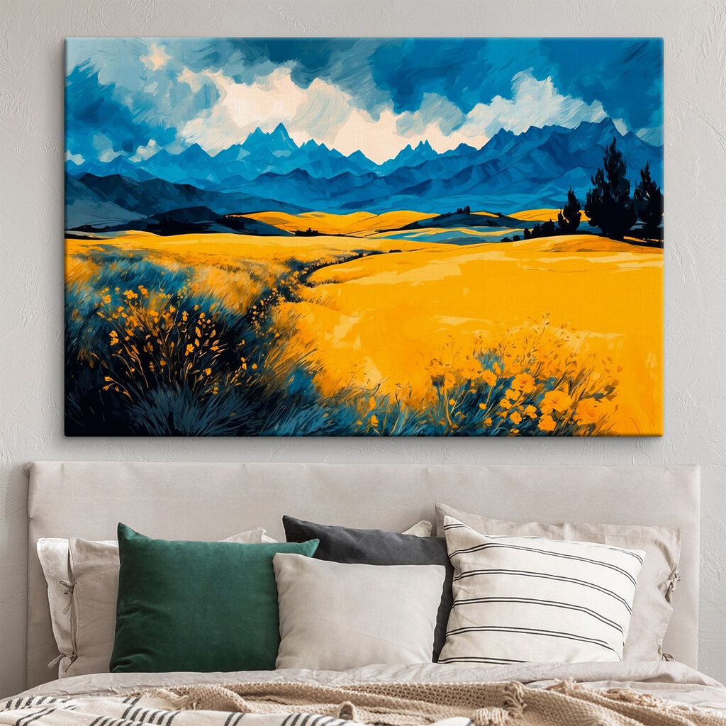 Yellow field with mountains in the background