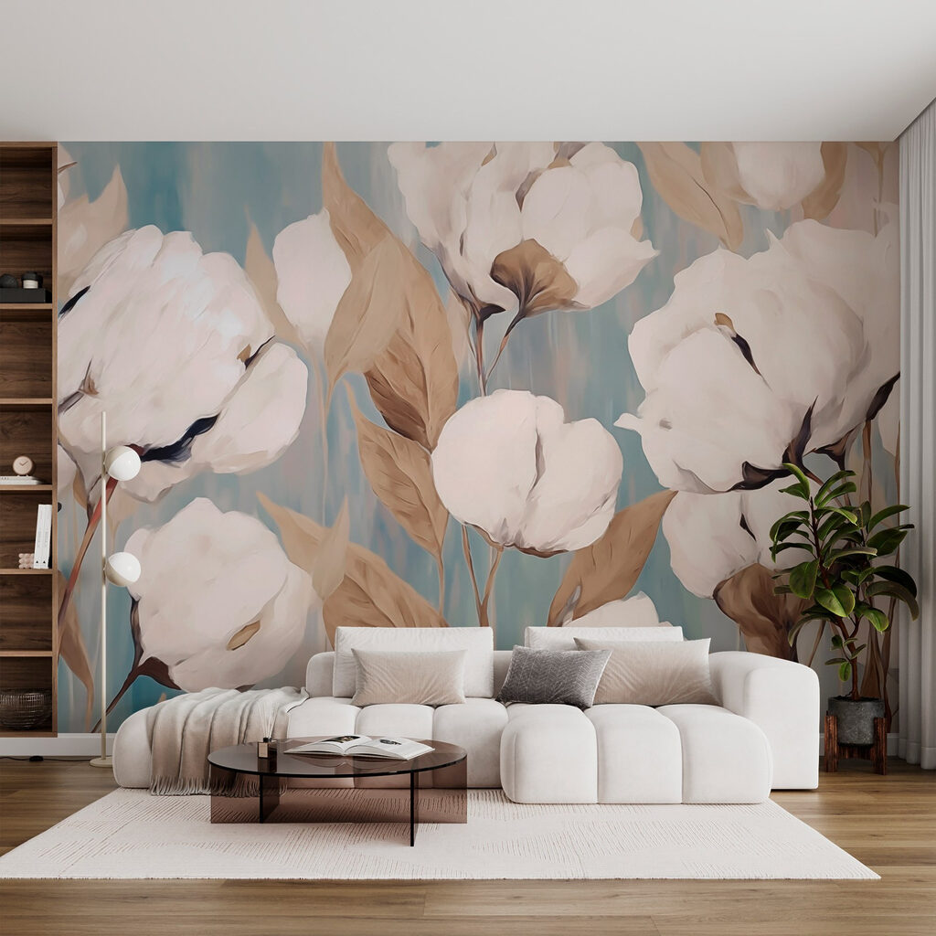 Painting of white flowers and brown leaves Painting of white flowers and brown leaves