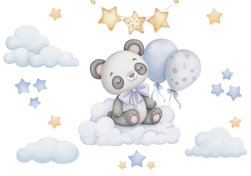 Kreslená panda sediaca na oblaku s balónmi Kreslená panda sediaca na oblaku s balónmi