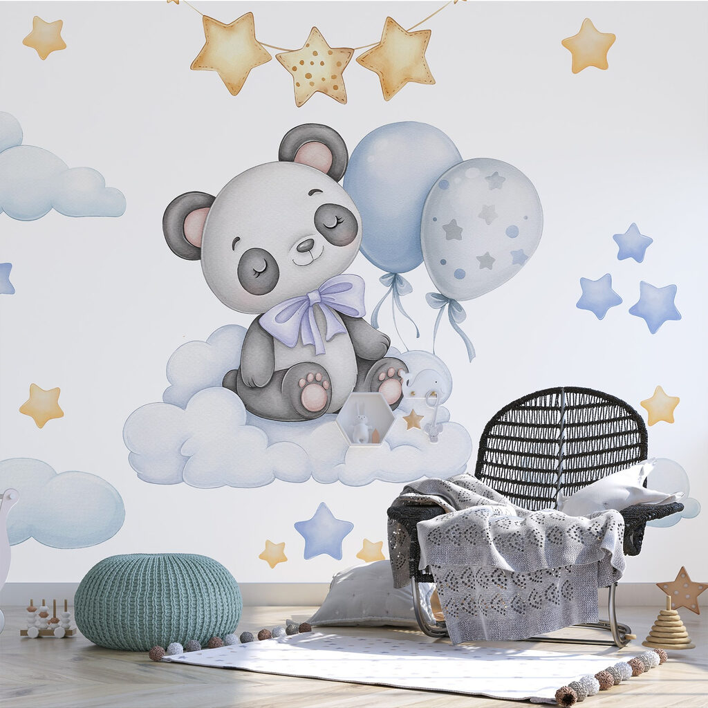 Cartoon panda sitting on a cloud with balloons Cartoon panda sitting on a cloud with balloons