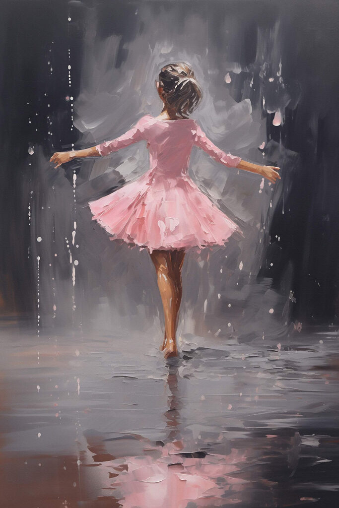 Painting of a girl in a pink dress dancing in the rain Painting of a girl in a pink dress dancing in the rain