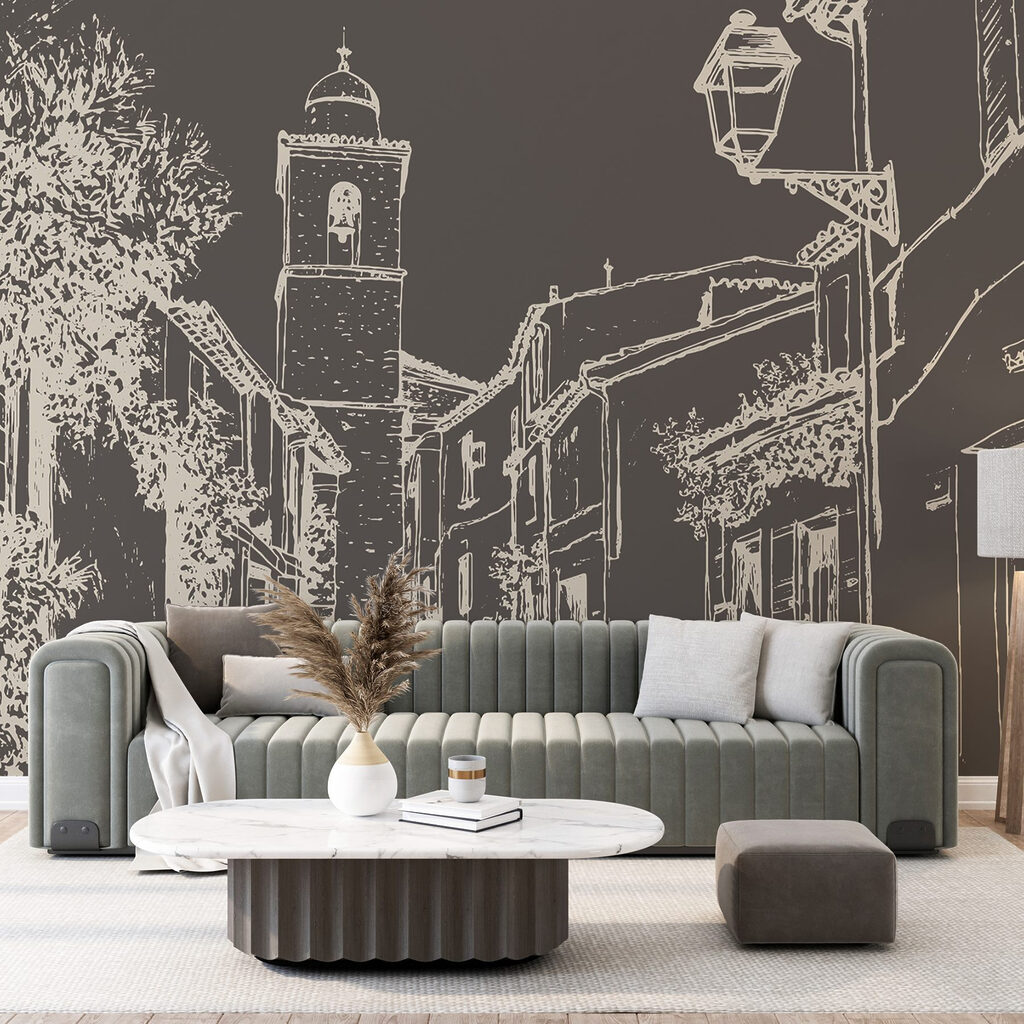 Drawing of a street with buildings and a bell tower Drawing of a street with buildings and a bell tower