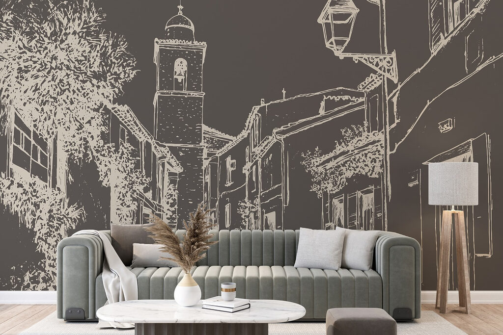 Drawing of a street with buildings and a bell tower Drawing of a street with buildings and a bell tower