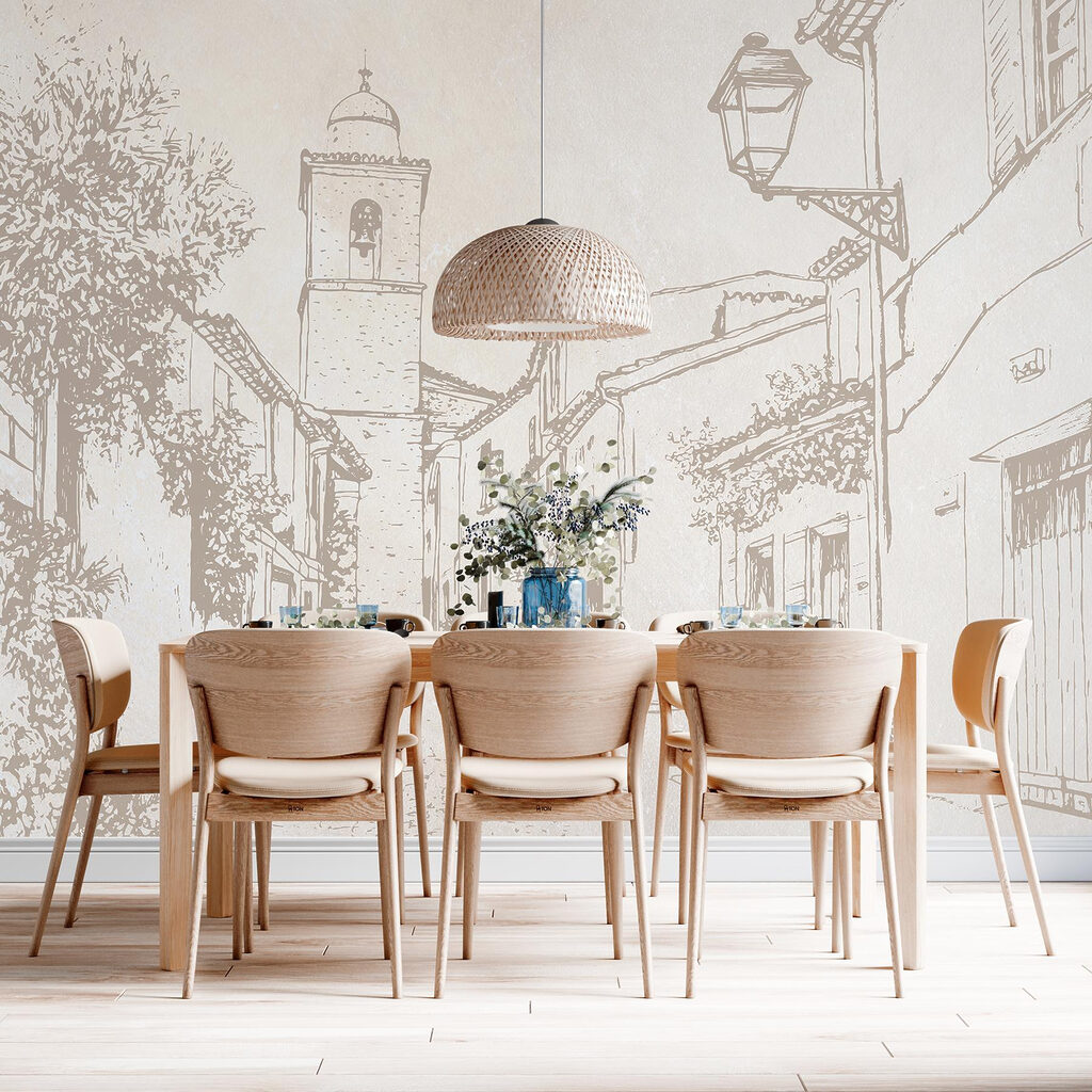 Drawing of a street with a bell tower Drawing of a street with a bell tower