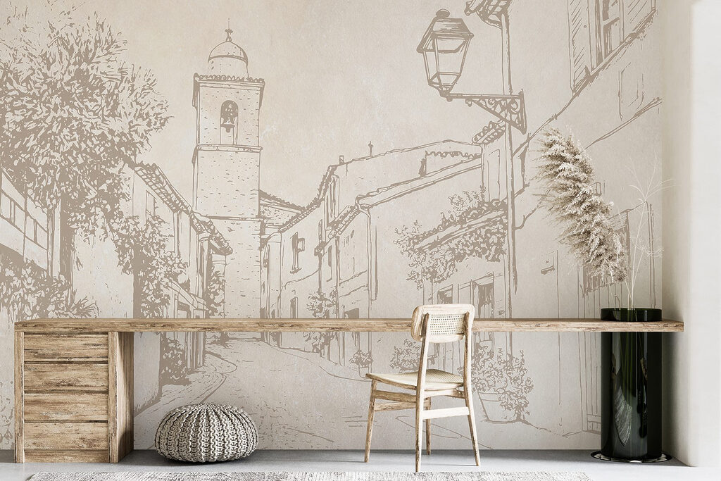 Drawing of a street with a bell tower Drawing of a street with a bell tower